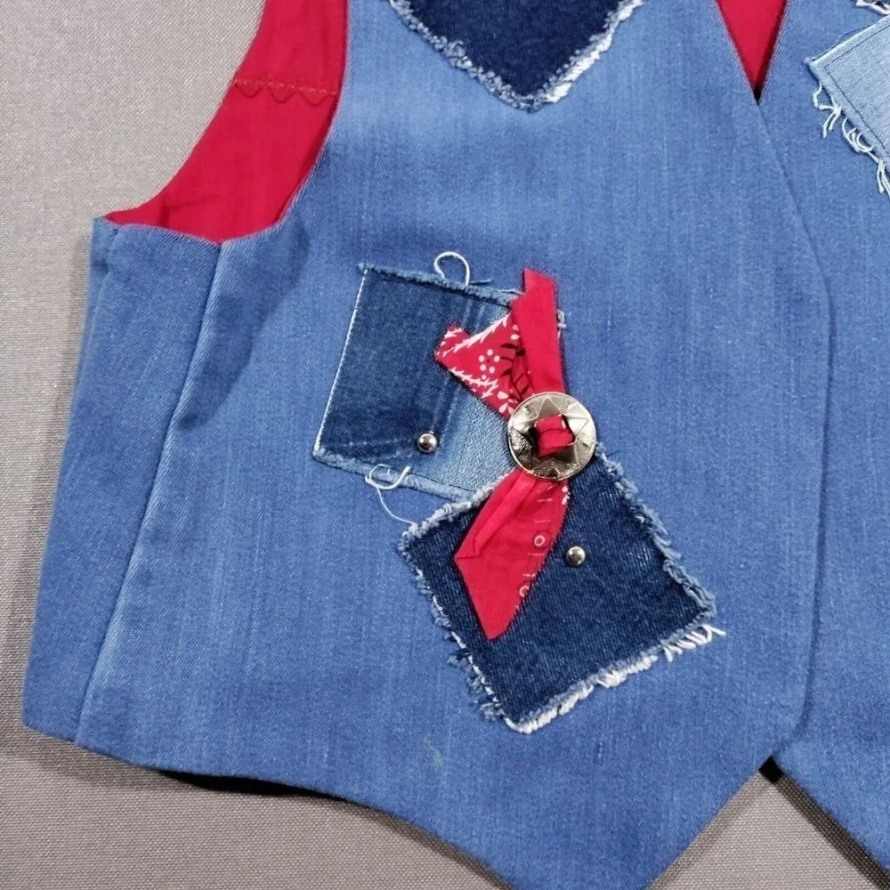 Vtg Handmade Denim Patchwork Vest Large Bandana Print Concho Lined